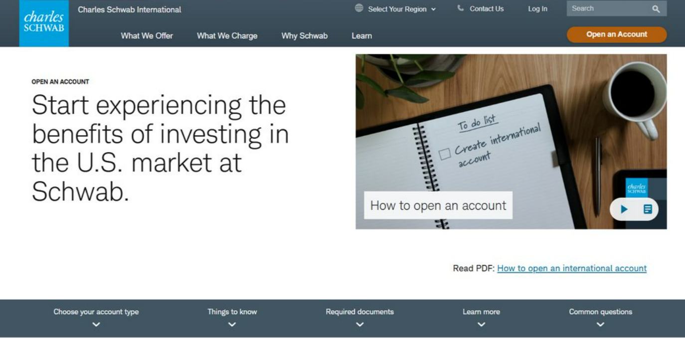 Charles Schwab International 开户页面